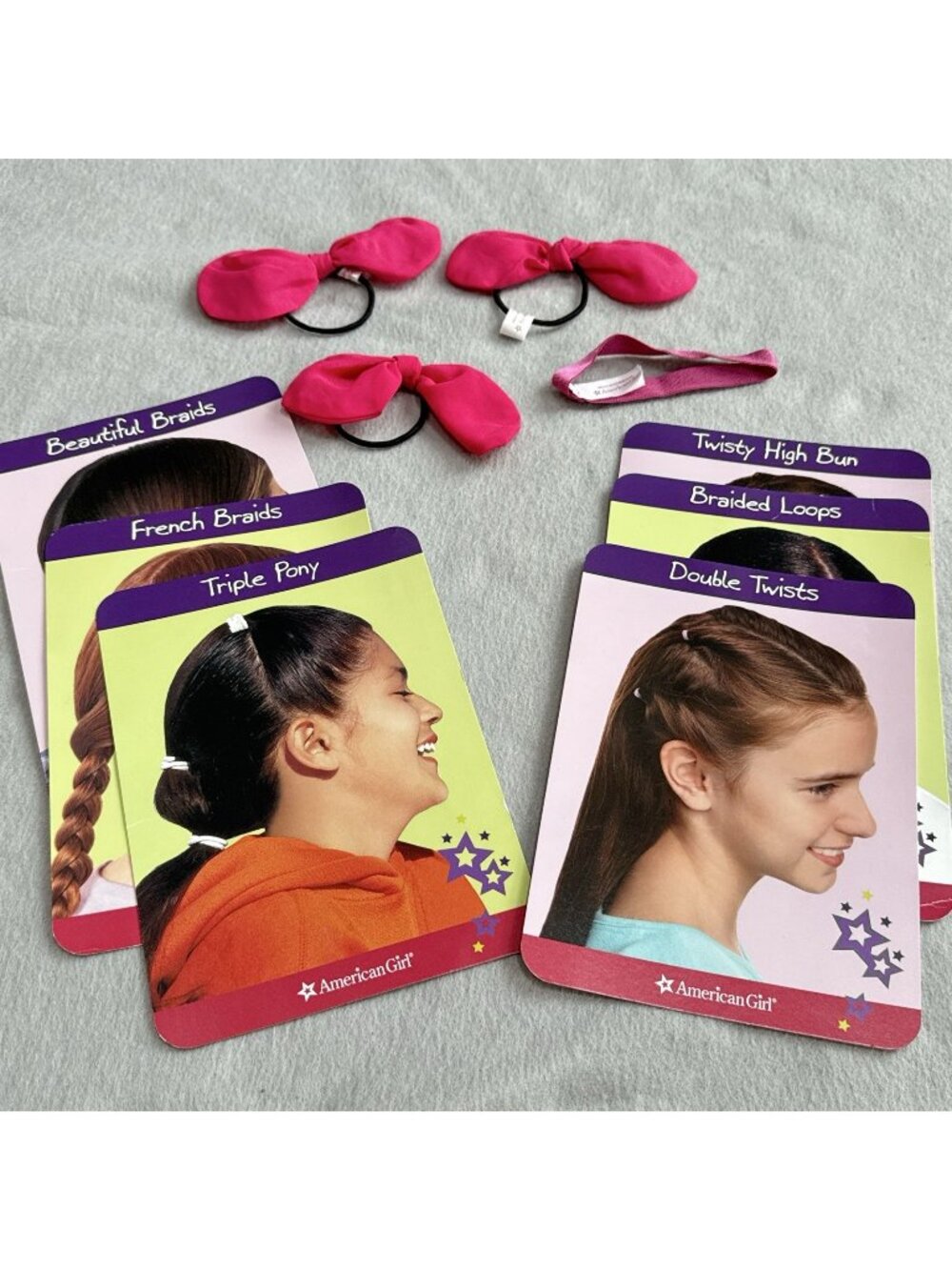 American Girl Hair Ties Fuchsia Bows Style Cards Braids Twists Loops Instruction